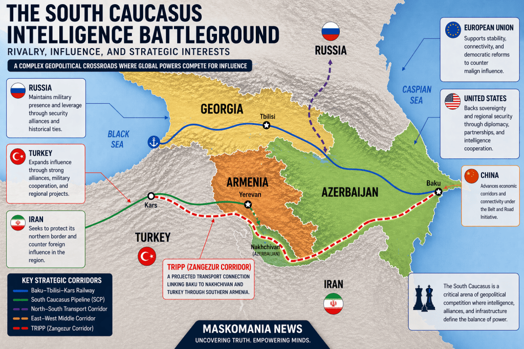 South Caucasus intelligence battleground map showing TRIPP Zangezur corridor Azerbaijan Armenia and regional powers